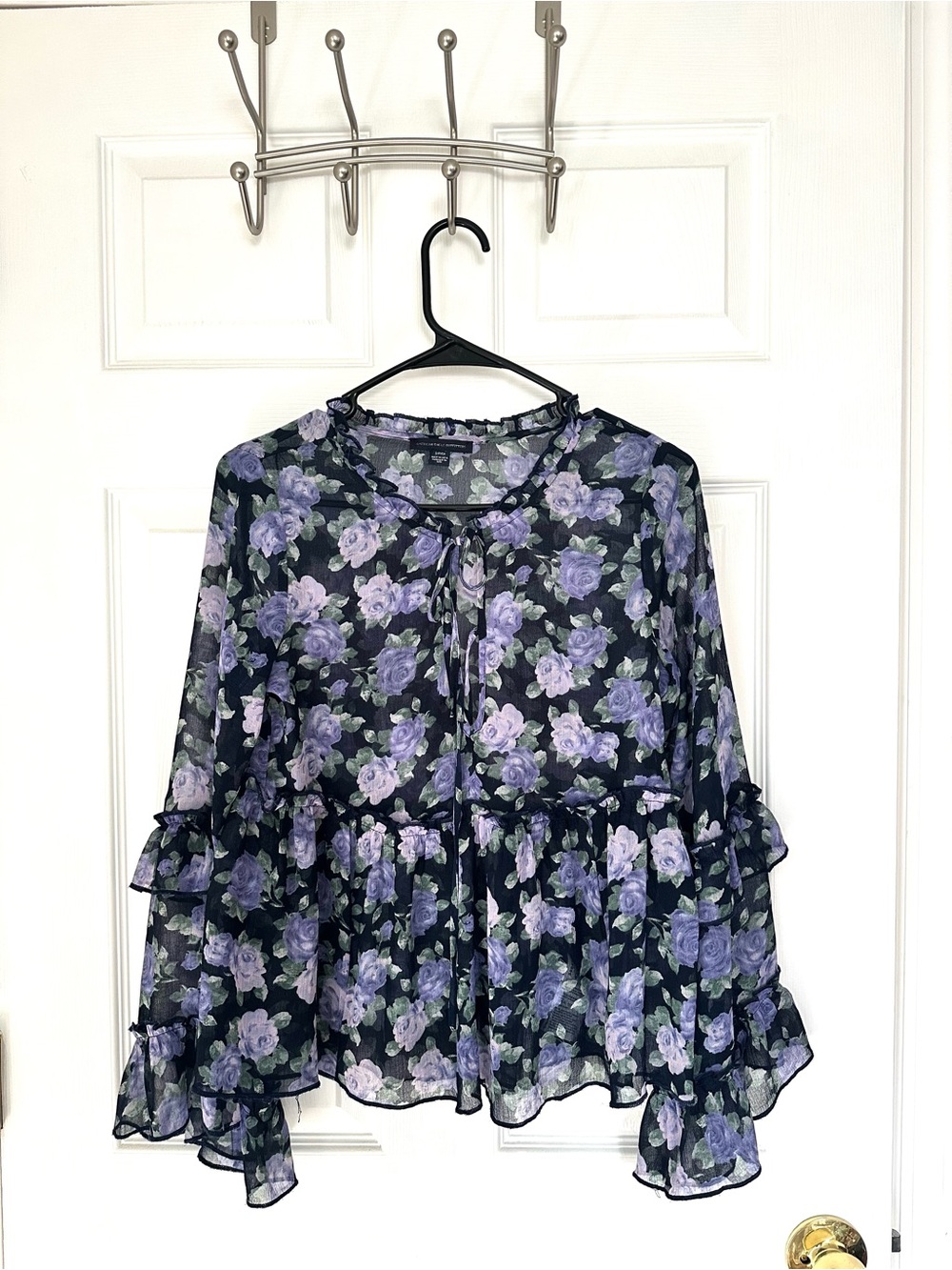 American Eagle Outfitters Black Sheer Blouse with Purple Floral Print